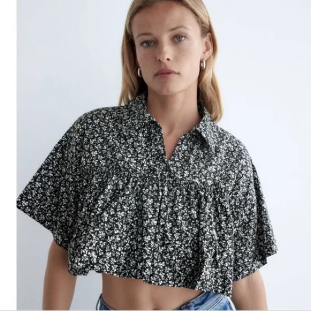 ZARA Black White Floral Print Cropped Baby Doll Blouse Small